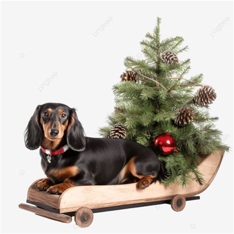 Hình ảnh Chó Dachshund Kéo Cây Thông Noel Trên Xe Trượt Tuyết Png