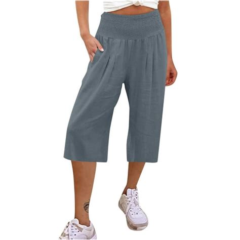 Womens Summer Capri Pants Elastic Waist Cotton Linen Wide Leg Capris