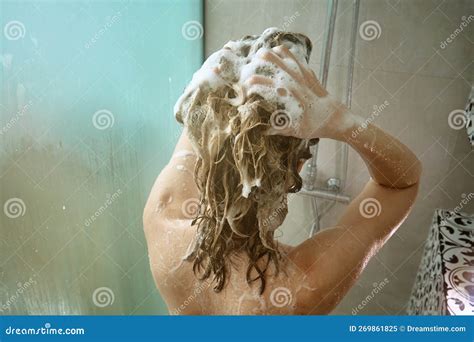 Back View Of Woman Taking A Shower In Bathroom Stock Image Image Of Candid Nude