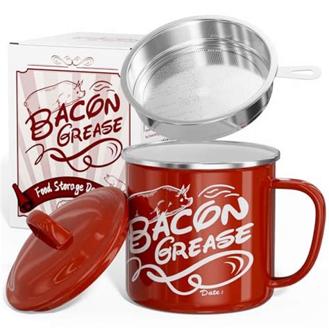 Ffrwjc Bacon Grease Saver With Strainer Large Enamel Stainless Steel