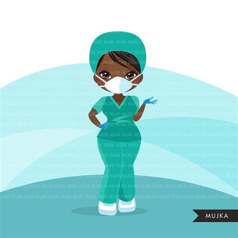 Nurse Clipart With Mask Green Scrubs Hospital Graphics Print Etsy