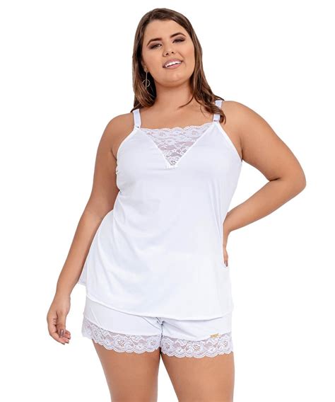 Pijama Short Doll Baby Doll IMI Lingerie Em Microfibra E Renda Plus Size Cecília Branco Compre