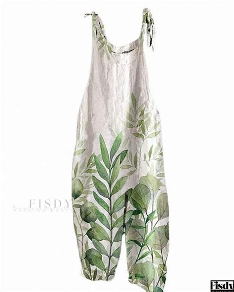 Fisdy Cotton And Linen Overall Printed Sleeveless Jumpsuit Beach