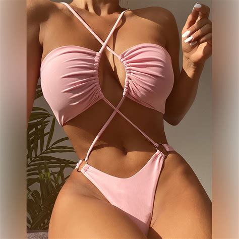 Cheers Us Women S Sexy Straps Halter Cross Front High Cut Thong Pieces Bikini Set Swimsuit