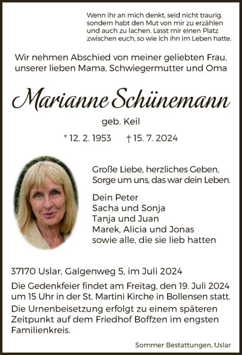 Traueranzeigen Von Marianne Sch Nemann Trauer Hna De