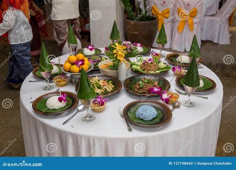 Tradition Northern Thai Food On A Wooden Table Set Of Thai Food