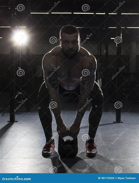 Muscular Shirtless Athlete Doing Kettlebell Swings Functional Tr Stock