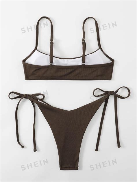 SHEIN Swim Bikini de Praia de Cor Sólida Bra Tie Side Swim Bottom