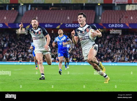 Herbie Farnworth of England goes over for a try during the Rugby League ...