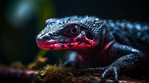 Premium AI Image | A black and red lizard with a red face sits on a branch.