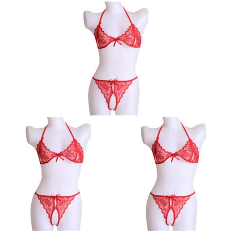 Sexy Women Lace Open Bra Crotchless Thong G String T Back Set Lingerie