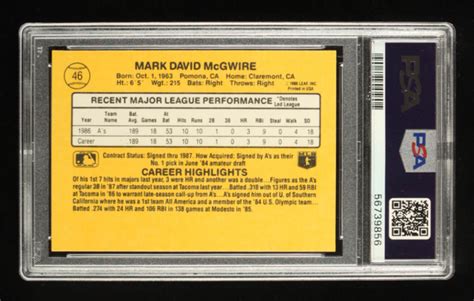 Mark McGwire 1987 Donruss 46 RC PSA 8 Pristine Auction