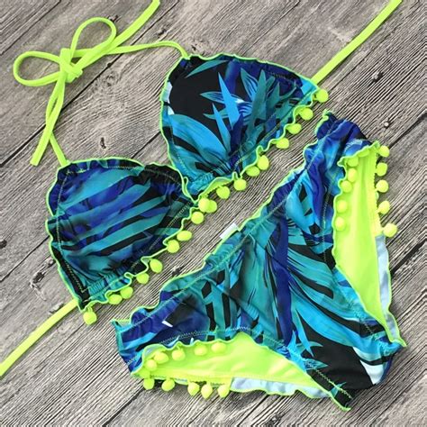 Womens Green Bandage Bikini Set Push Up Floral Printing Swimsuits 2018