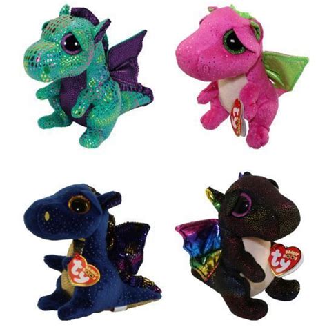 Set Of 4 Ty 6 Anora Cinder Darla Saffire Dragon Beanie Boo Plush W