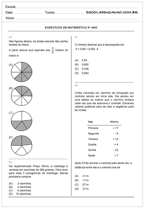 Atividades De Matem Tica Ano Exerc Cios Escola Educa O