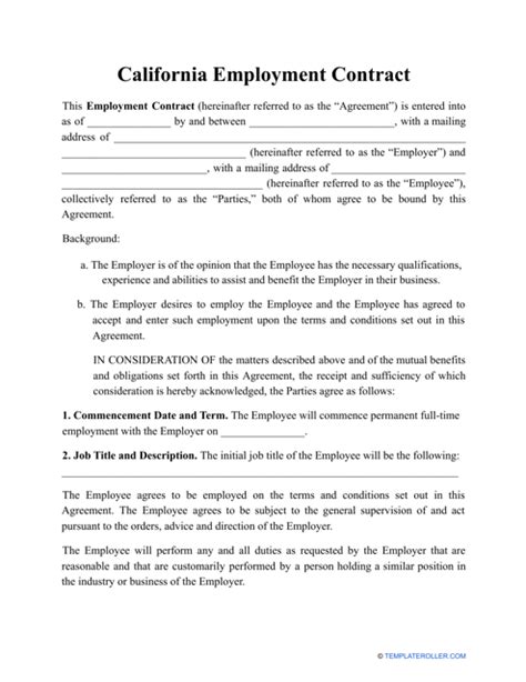 California Employment Contract Template Fill Out Sign Online And Download Pdf Templateroller