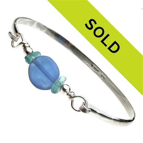 Tropical Aqua Sea Glass Sterling Bangle Bracelet With Recycled Blue Glass Bead Sb1311