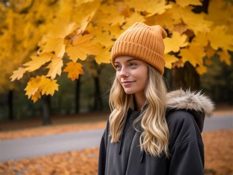 Premium AI Image A Beautiful Blonde Woman Wearing A Beanie In The Fall
