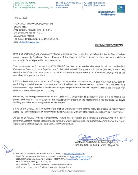 Letter Of Recommendation From Saudi Aramco Grupo Resa