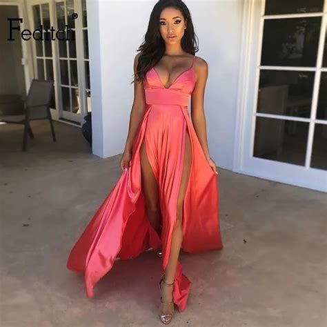 Feditch Sexy Satin High Split Dresses Women Summer Spaghetti Strap