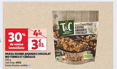 Promo Muesli Avoine Amandes Chocolat Bio Terres Et Céréales chez Auchan