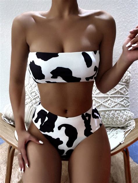 Shein Swim Vcay Cow Print Rib Bandeau Bikini Swimsuit Shein Usa