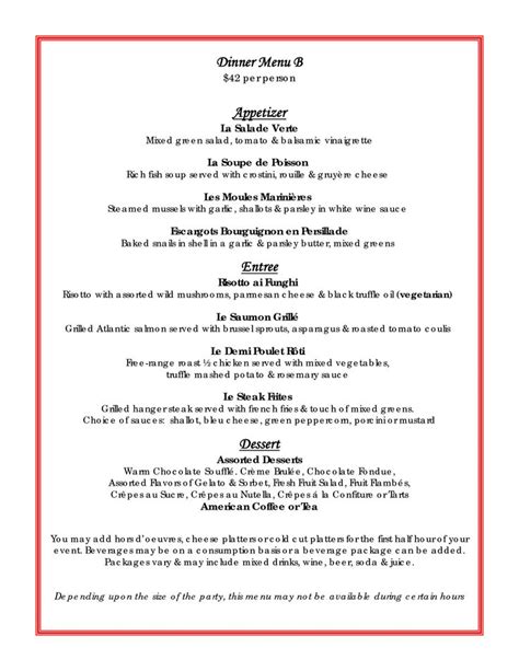 The Dinner Menu Is Shown In Red And White