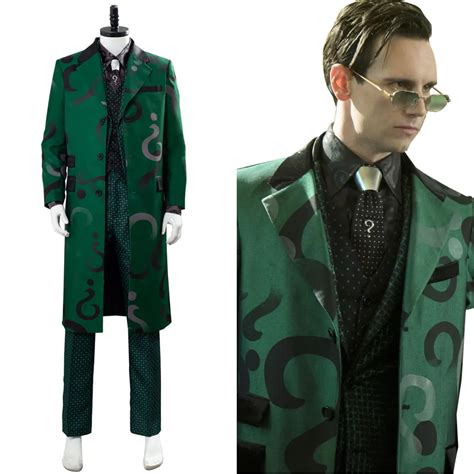 Gotham The Riddler Edward Nygma Cosplay Costume Green Uniform Hat