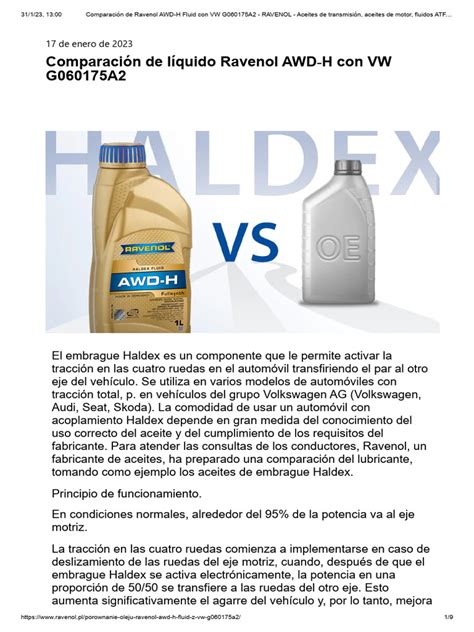 AWD-H Fluid Ravenol vs. VW G060175A2 | PDF | Embrague | Volkswagen