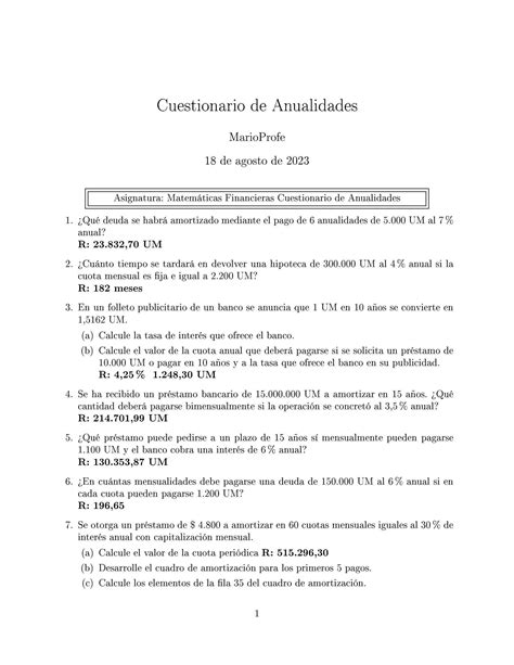 Ejercicios Resueltos De Anualidades Gu A Marioprofe