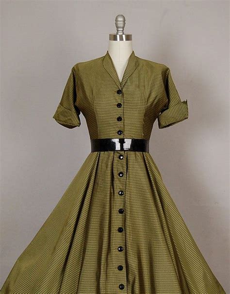 Vintage 1950s Dress 50s Dress Full Skirt Taffeta Olive Green Stripe Party Dress Vintage 1950s