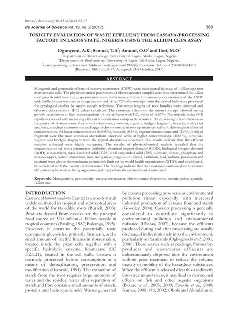 Cassava Wastewater Properties Download Free Pdf Chloride Effluent