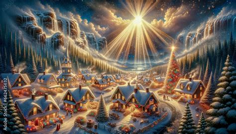 Painting Representing a Charming Christmas Village in the Alps Heavy ...