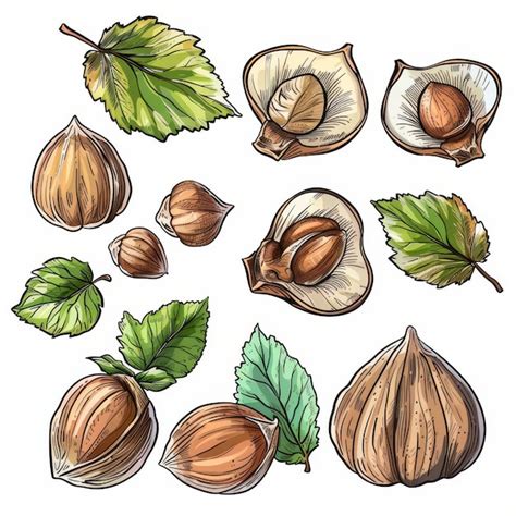 Hazelnut Tree Nut Cobnut Or Hazelnut Isolated Sketch Filbert Nut From