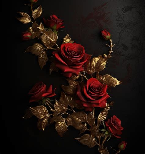 Premium Photo There Are Red Roses With Gold Leaves On A Black