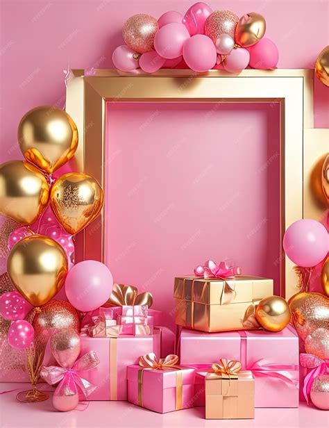 As and balloons are arranged around a gold frame with pink and gold ...