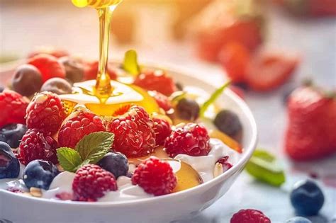 Premium Photo Honey Being Drizzled Over A Bowl Of Greek Yogurt And Fruit