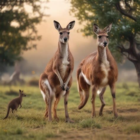 Two Deer Standing In A Field With A Deer In The Background Premium AI