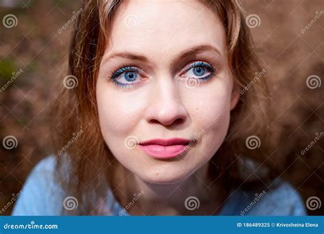 Portrait Of Cute Blonde Girl In Blue Dress Outdoors Nice Woman Posing