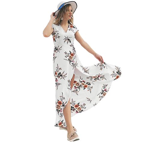 Women Floral Print Maxi Dress Chiffon Wraparound Deep V Neck High Waist