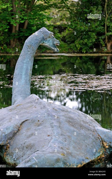 Reconstruction of Nessie, the Loch Ness monster, as a plesiosaur in pond outside the Loch Ness ...