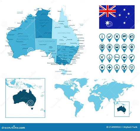 Australia Detailed Administrative Blue Map With Country Flag And