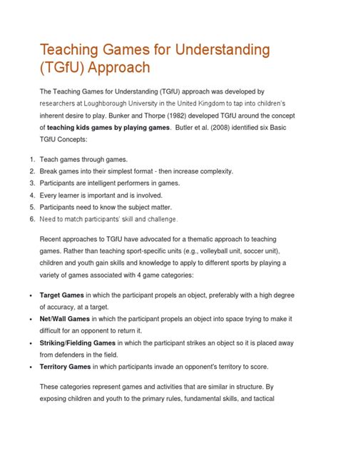 An Introduction To The Teaching Games For Understanding Tgfu Approach For Developing Game