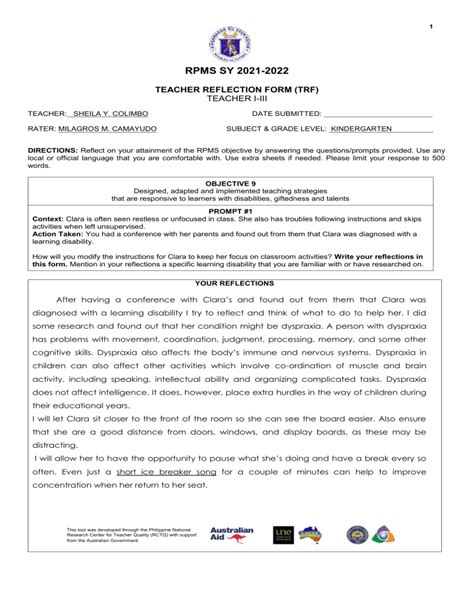 Teacher Reflection Form For Ti Iii And Mti Iv Rpms Portfolio