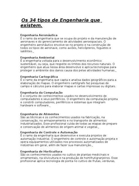 Quais Os Tipos De Engenharias Que Existem - Os 34 Tipos de Engenharia Que Existem | PDF | Engenharia | Indústrias