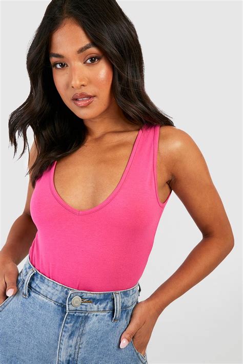 Womens Pink Petite Basic Strappy Plunge Bodysuit Boohoo Uk