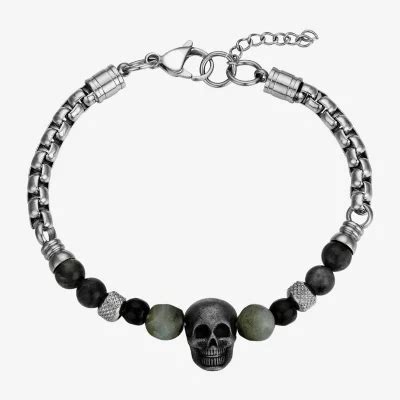 J P Army Onyx Stainless Steel Inch Rolo Skull Beaded Bracelet