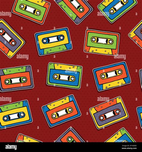 Hand drawn cassette seamless pattern, retro 90s style cartoon ...