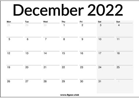 December 2022 Calendar Printable Monday Start Get Calendar 2022 Update