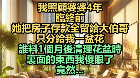 《完結爽文》我照顧婆婆4年，臨終前，她把房子存款全留給大伯哥，只分給我一盆花，誰料1個月後清理花盆時，裏面的東西我傻眼了，竟然